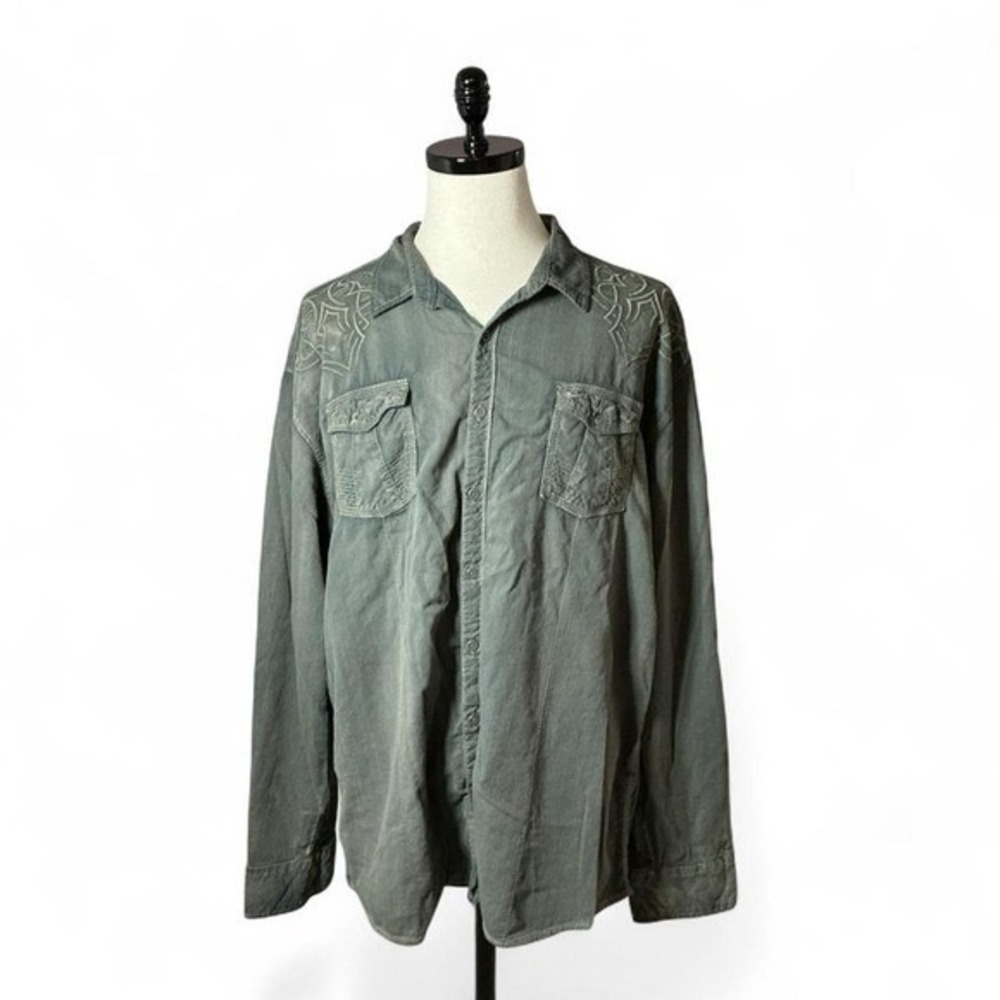 Buckle Black Tribal Embroidered Button Down Mens 3XL Gray Athletic Fit BB381FPW